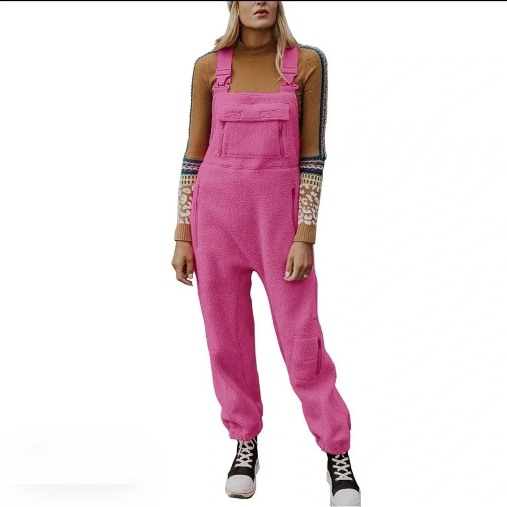 Zaful Bright Pink Sherpa Overalls for Women - Picture 2 of 9